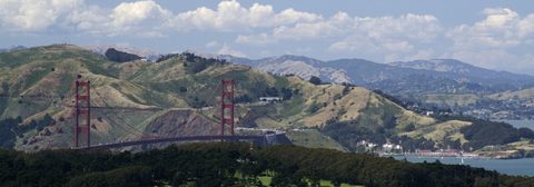 Golden Gate Bride with views to Marin Headlands, Sausalito and  Marin Hills